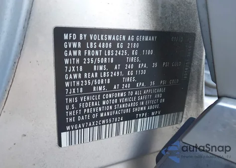 2012 Volkswagen Tiguan S/Se/Sel из США, поврежденный, VIN WVGAV7AX2CW557824